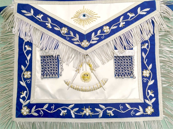 Masonic Past Master Apron | Gold & Silver Bullion Hand-Embroidery | Velvet Ribbon with Metallic Trim | Chain Tassel Tabs