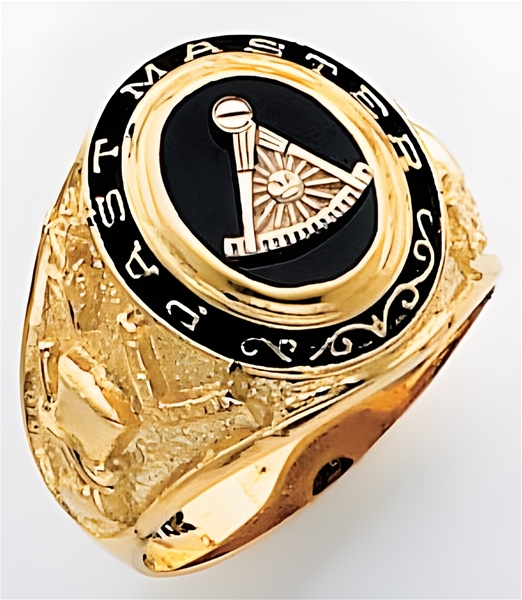 Past Master ring Round stone, Compas & Quadrant with Sun with Words - 10K Y&WG