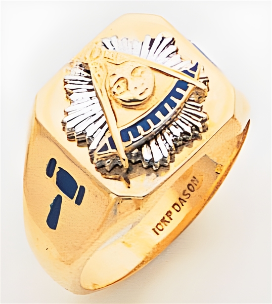 Past Master ring Square front, Compass & Quadrant with Sun - 10K Y&WG
