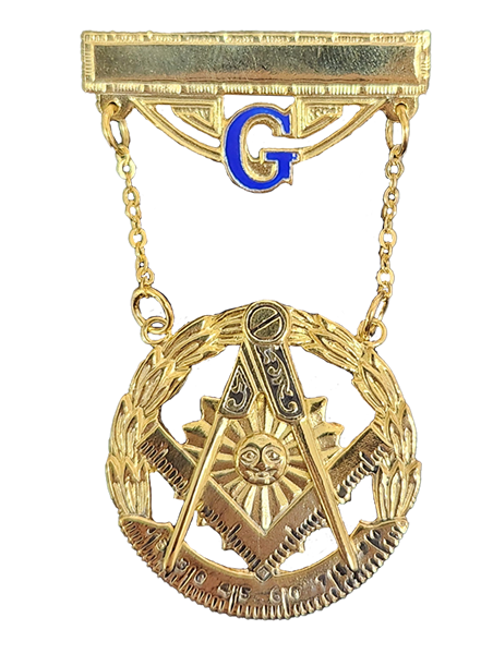 Past Master Swinger Jewel. Vermeil. One bar with G with Square, Compass , Quadrant and Sun within wreath