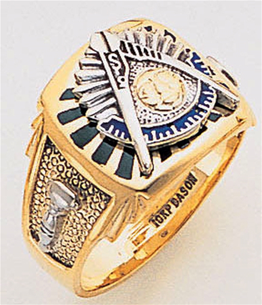 Past Master ring Square front, Compass & Quadrant with Sun - 10K Y&WG